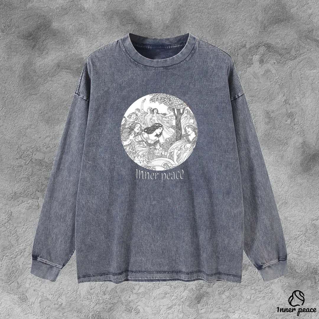 【Inner peace】复古做旧水洗黑牛仔休闲Oversize男女经典宽松卫衣