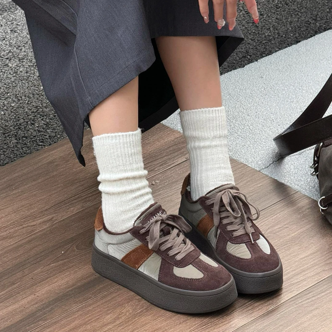 真皮厚底德训鞋女2024新款秋冬加绒复古休闲板鞋百搭系带运动鞋子