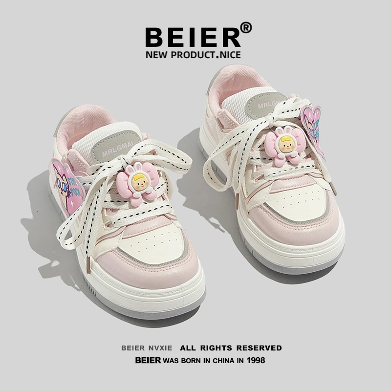 BEIER美式复古休闲板鞋女2024春季新款小众ins厚底百搭小白鞋B513