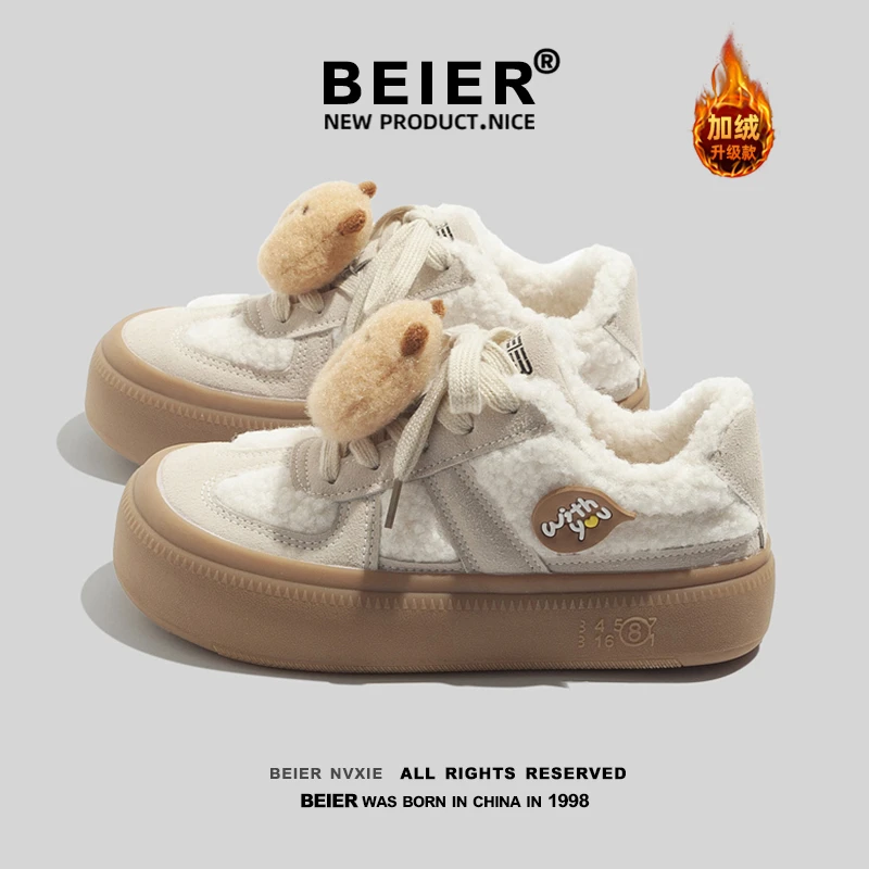 BEIER厚底复古小白鞋棉鞋女2025冬季新款加绒设计感休闲女鞋6030