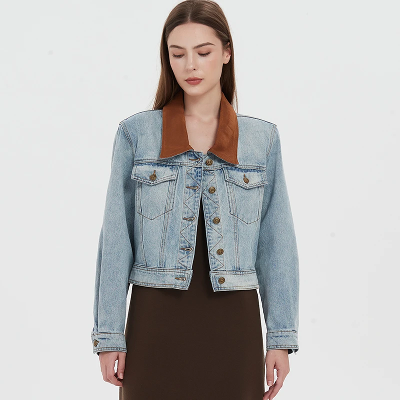 Petit Bari 复古拼皮短款牛仔夹克外套 时尚设计感 牛仔短外套