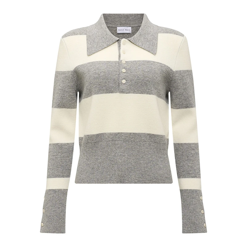 Petit Bari 绵羊毛条纹针织POLO衫 长袖针织衫 时尚经典针织衫