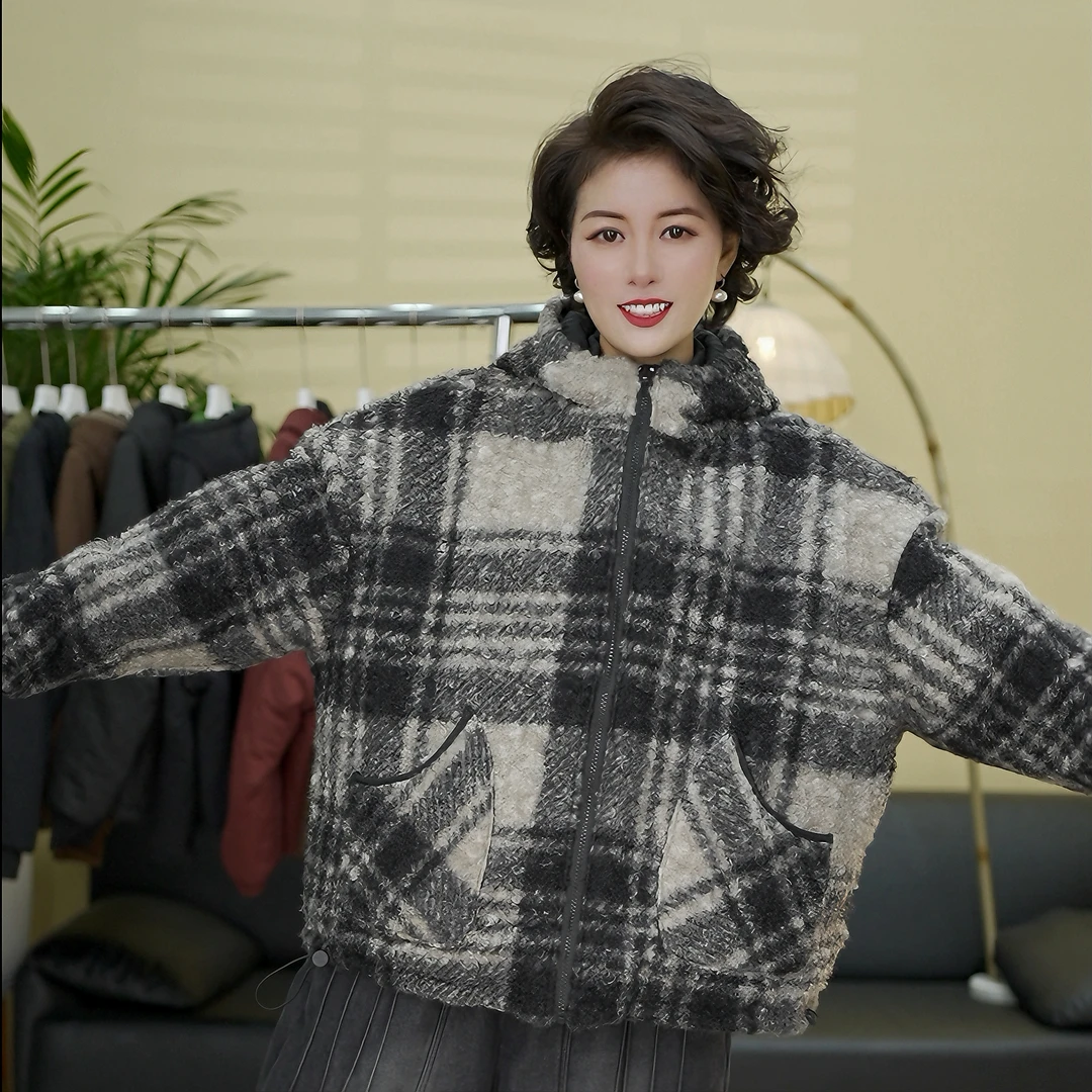 2024冬季新款双面穿外套大格子连帽棉衣女棉服