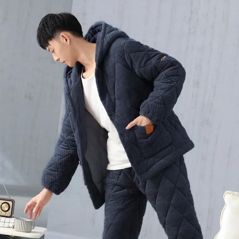 睡衣男款冬季加绒加厚三层夹棉保暖连帽珊瑚绒睡衣男款冬加绒加厚