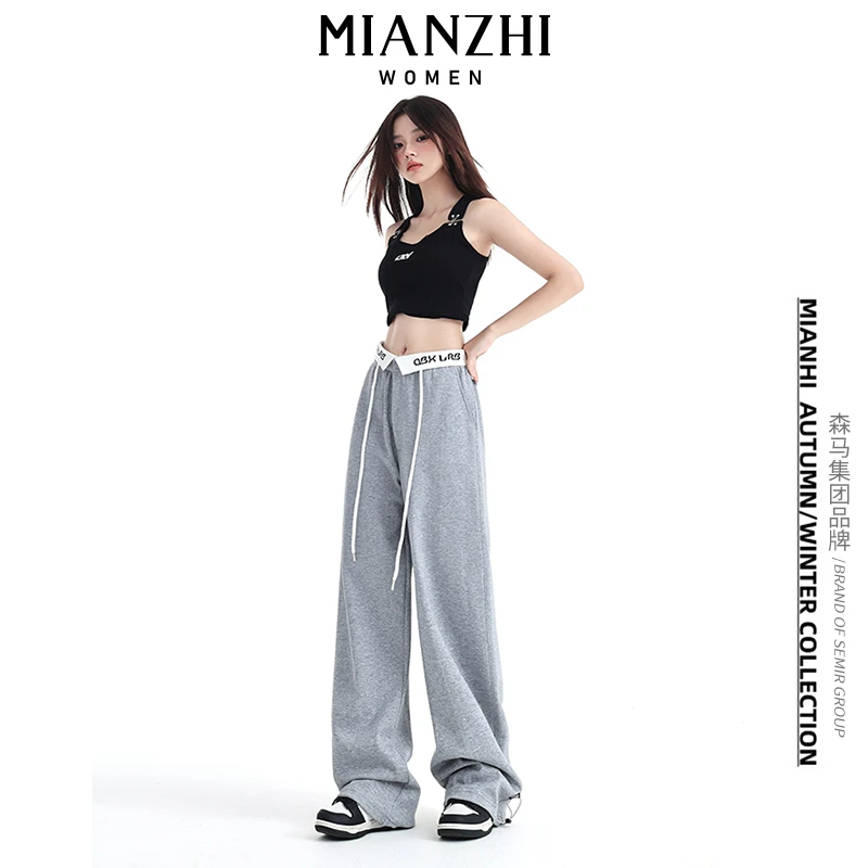 棉致美式灰色阔腿运动裤女2024夏抽绳翻腰头辣妹直筒可束脚休闲裤