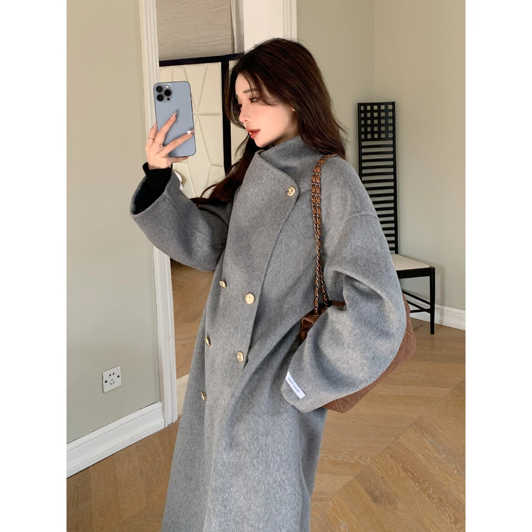 灰色呢子大衣女中长款2024新款秋冬季高级感正肩毛呢宽松外套韩版