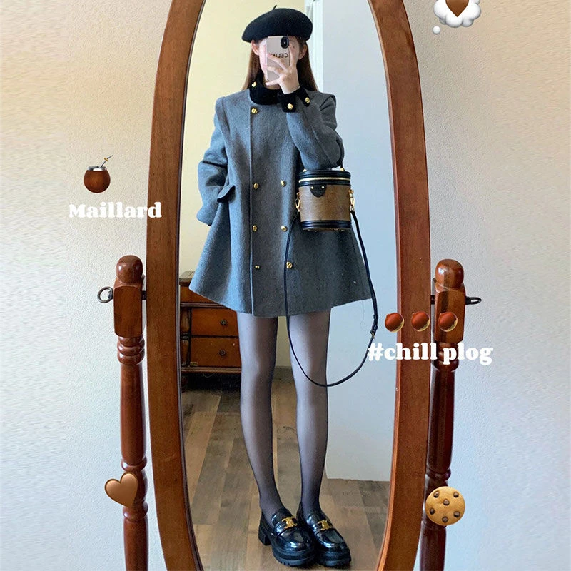 复古法式年轻呢子大衣女冬季高级感洋气质高领中长款灰色毛呢外套