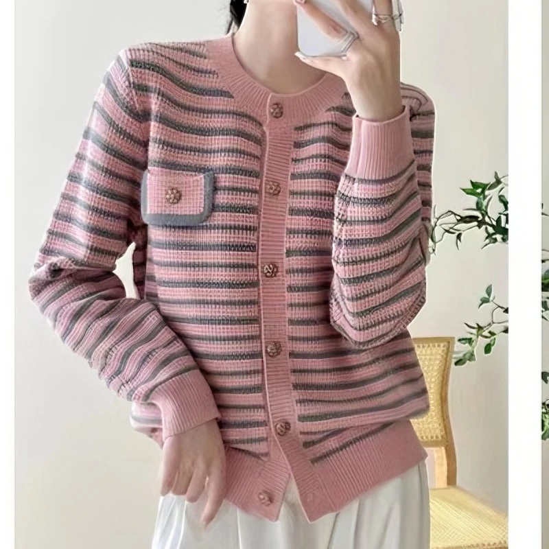 花花/3124-名媛范小香风气质条纹秋季宽松针织开衫外套