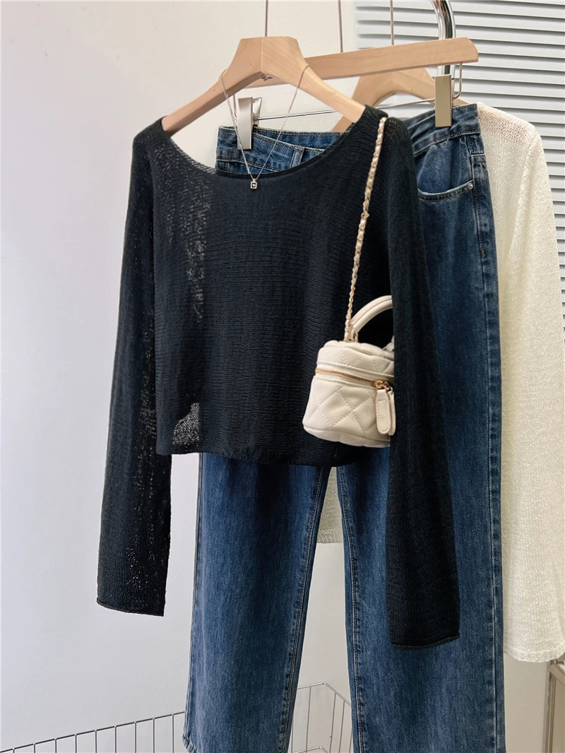 春装新款韩版慵懒风薄款宽松针织衫女短款喇叭袖上衣罩衫打底毛衣