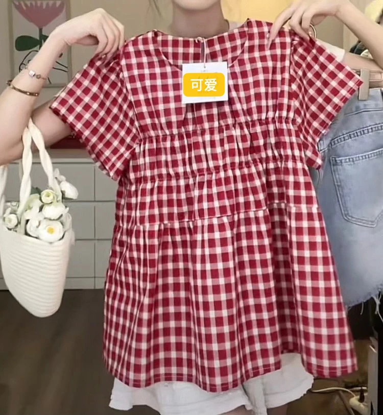 韩系甜美少女感小飞袖上衣女显学院风红色格子短袖T恤设计感衬衫