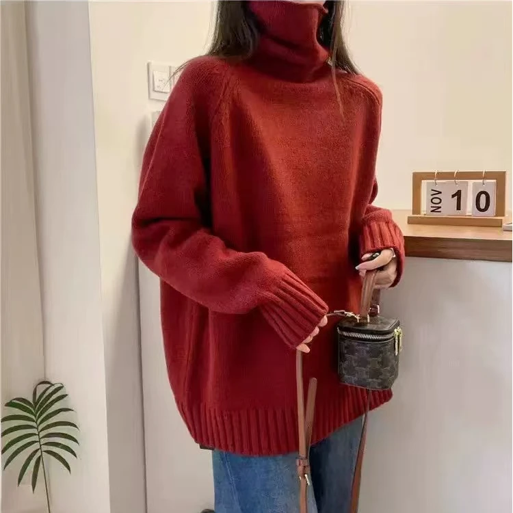 堆堆领宽松慵懒长袖加厚保暖毛衣女秋冬新款针织打底衫潮