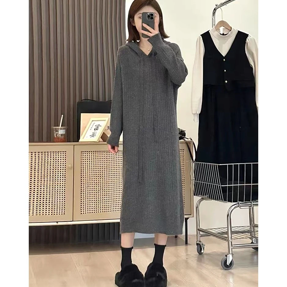 长款打底针织女秋冬新款配大衣内搭宽松慵懒连帽卫衣毛衣裙8866