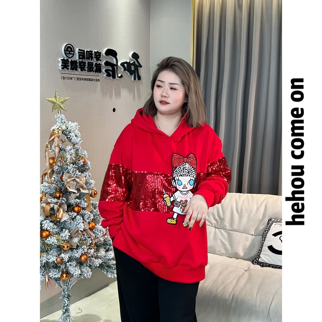 91540 和后品牌 冬季亮片卡通贴布连帽宽松重工百搭国潮小众卫衣