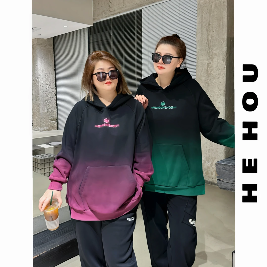 52206-1 和后大码 冬季显瘦百搭渐变加绒时尚连帽宽松百搭卫衣