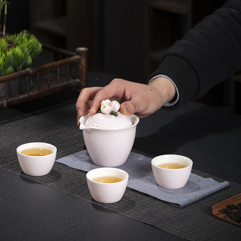 女士便携式捏花快客杯陶瓷一壶三杯户外个人专用茶壶旅行茶具盖碗