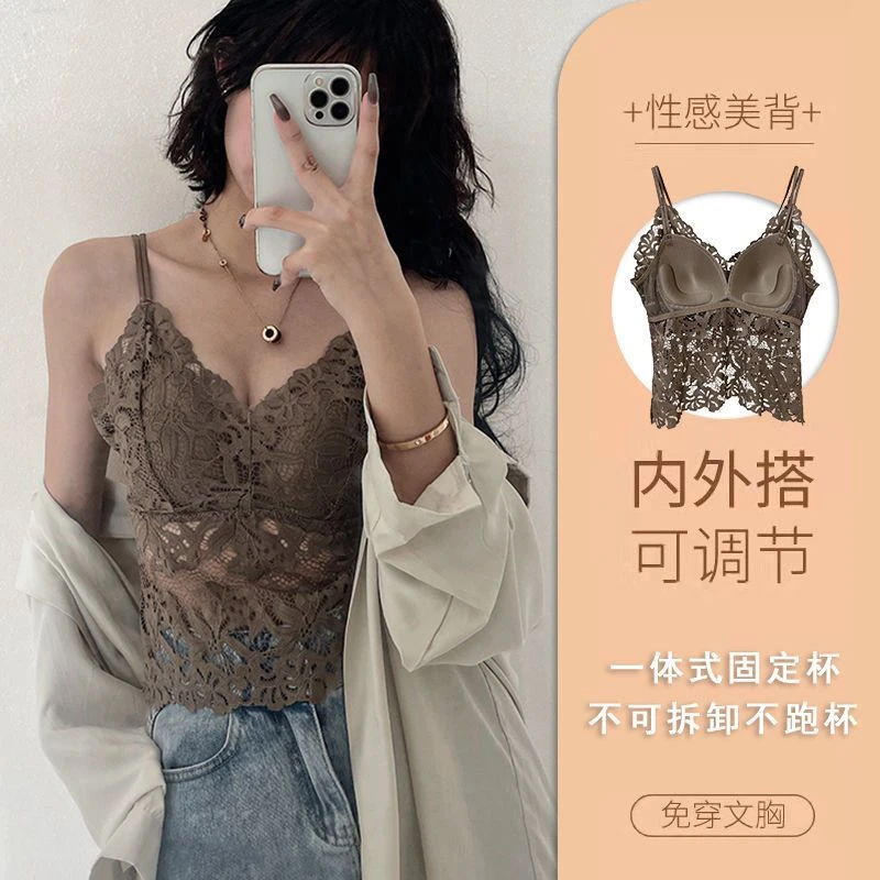 蕾丝美背大码吊带背心女士外穿2025爆款固定一体杯带胸垫夏季薄款