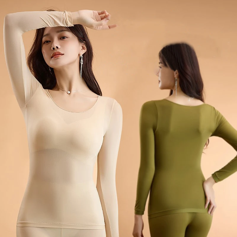 无痕透气舒适保暖内衣女士超薄轻盈隐形玻尿酸裸感面膜打底衫秋冬