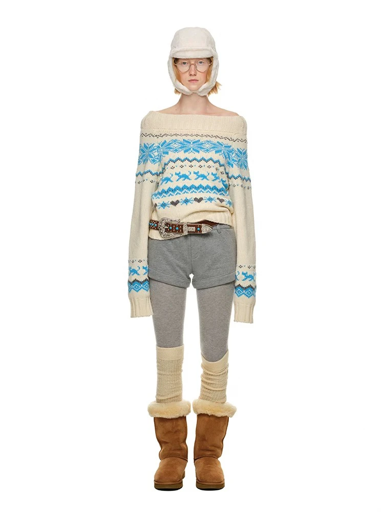 费尔岛复古一字肩毛衣