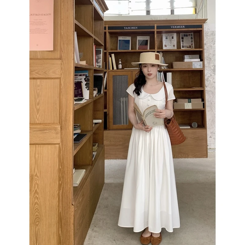 米米MI法式气质【月色降临】温柔淑女娃娃领收腰连衣裙小个子