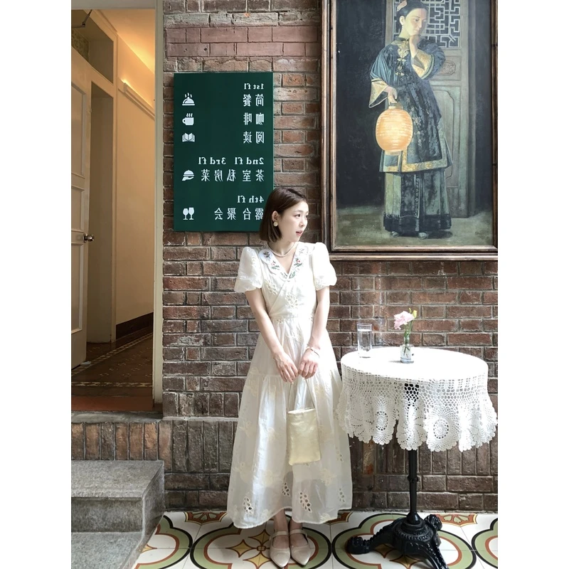 【现货】米米MI【浮光芭蕾】重工刺绣连衣裙女法式泡泡袖镂空气质长裙