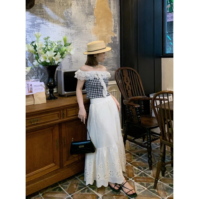 【现货】 米米MI【雪芙小姐】花边蕾丝上衣+镂空刺绣蛋糕半身裙套装