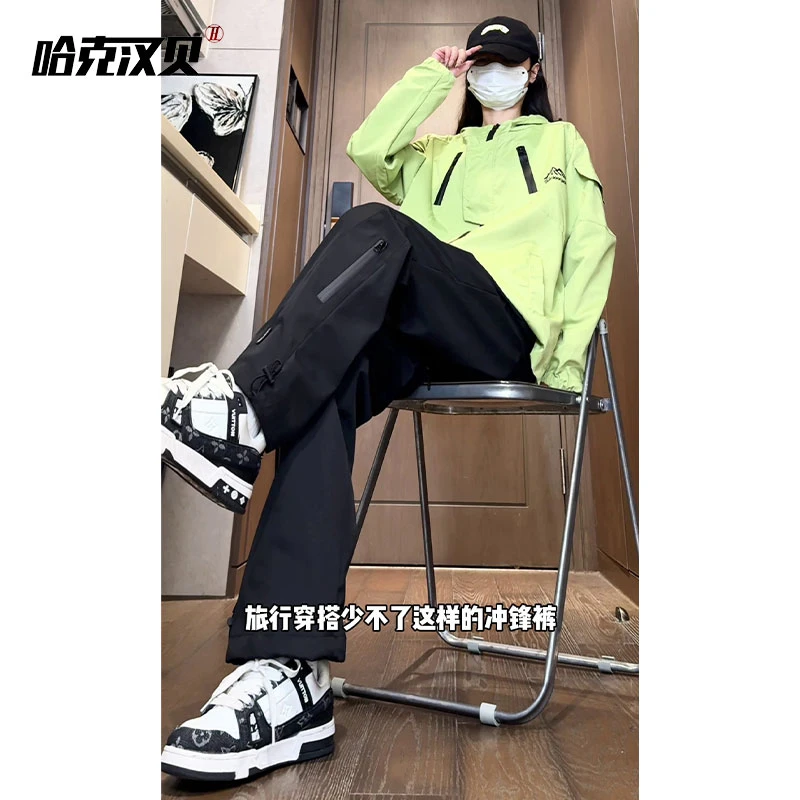 哈克汉贝休闲工装冲锋裤男女秋冬季直筒宽松百搭大码加绒显瘦裤子