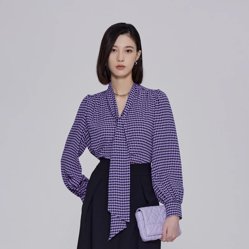 OBEG欧碧倩秋宫廷风扭曲视觉棋盘格衬衫上衣连衣裙蓝色10443013