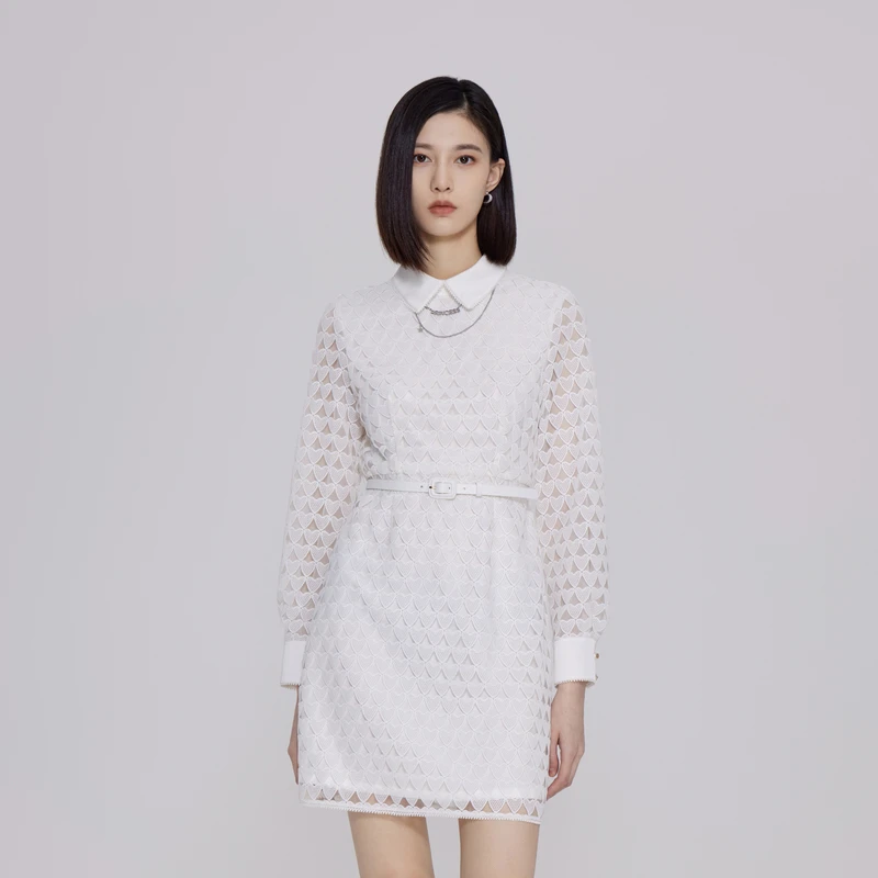 OBEG欧碧倩气质拼接直身裙连衣裙蕾丝小香风长袖10443045