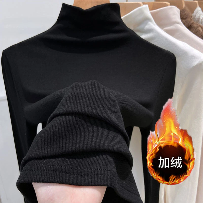 黑色加绒保暖打底衫螺纹半高领内搭百搭秋冬修身长袖t恤女