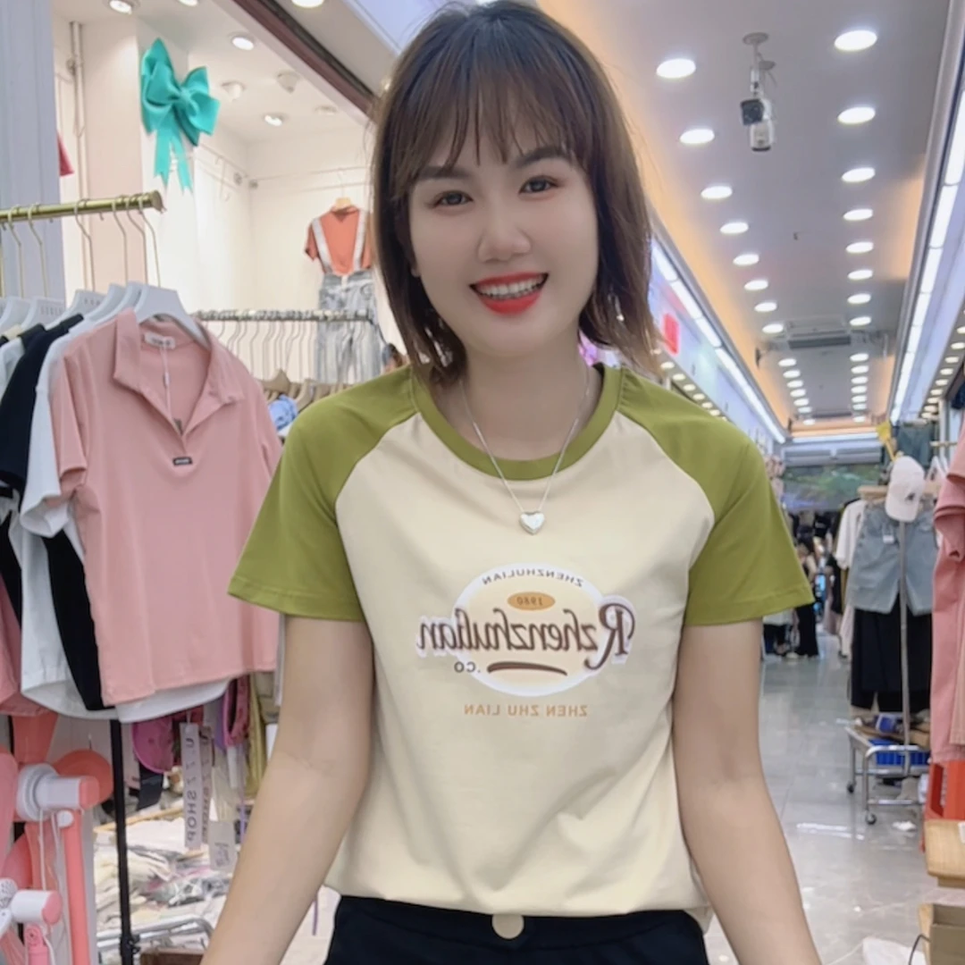 729新款拼色夏季时尚穿搭女装百搭休闲圆领短袖T恤