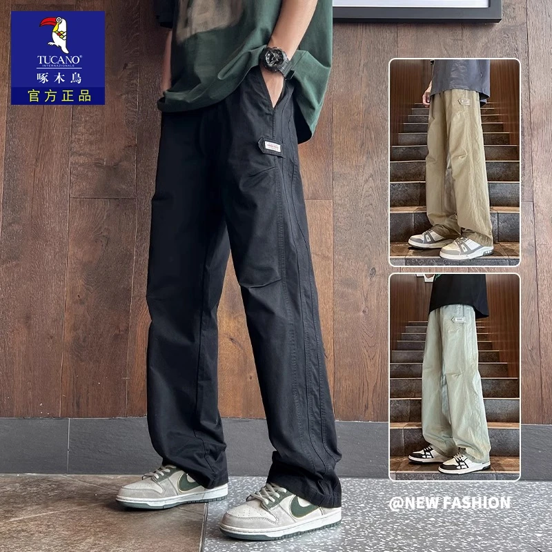啄木鸟男士春季休闲裤直筒宽松2025新款潮牌棉感工装阔腿长裤子男