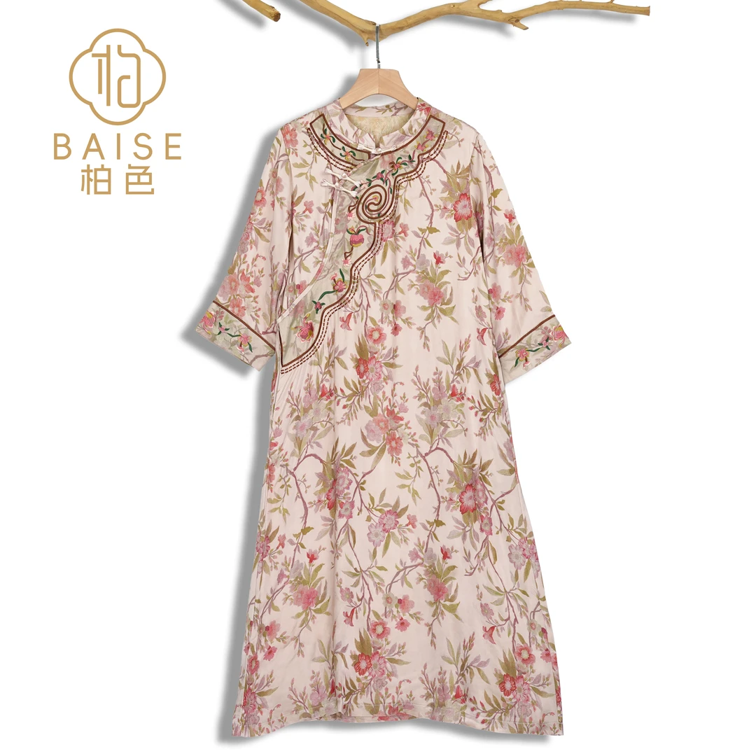 中式连衣裙复古斜襟盘扣绣花春季女装宽松连衣裙1123