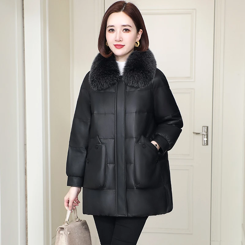 真皮皮衣女装羽绒服中长款大衣夹克海宁保暖秋冬新款外套加厚韩版