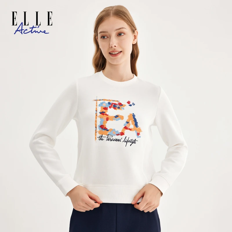 ELLE Active刺绣图案圆领卫衣休闲时尚女士印花百搭上衣秋季女装