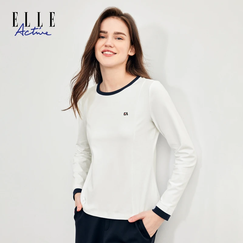 ELLE Active【亲肤舒柔棉】保暖圆领长袖T恤撞色正肩修身内搭打底衫