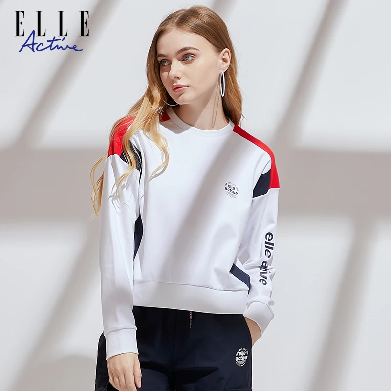 【达人专享】ELLE Active 秋装新款宽松圆领卫衣女撞色运动休闲上衣
