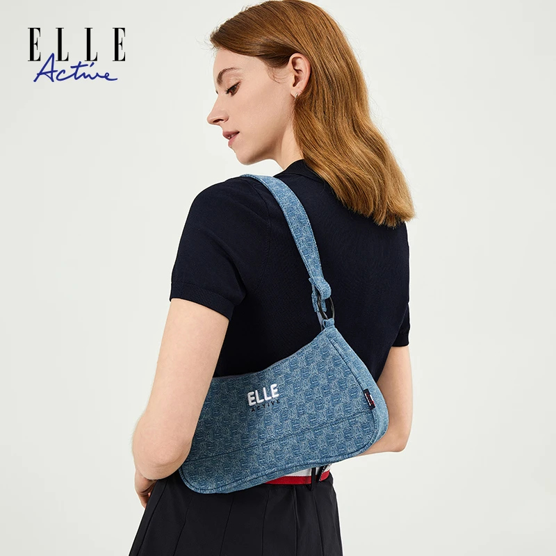 ELLE Active新款单肩包经典休闲女包满印字母提花设计蓝色斜挎包