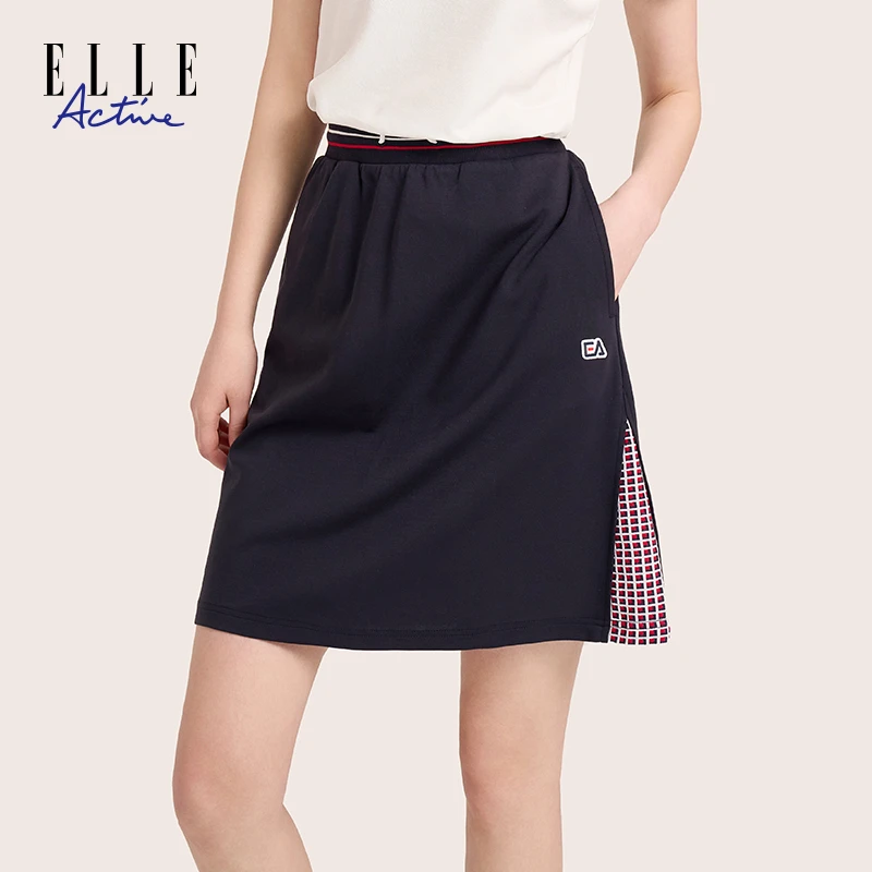 ELLE Active夏季新款女装半身裙户外休闲格子拼接短裙梭织A字裙
