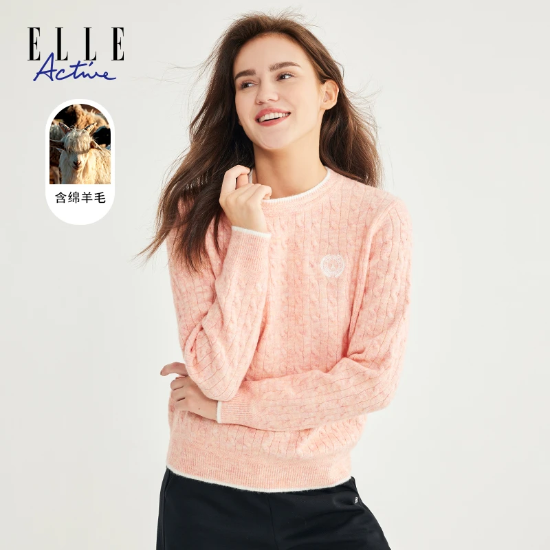 ELLE Active【粉色减龄】绵羊毛衣女冬季圆领针织上衣柔软保暖加厚