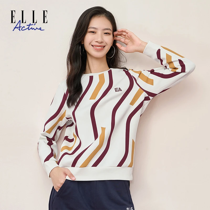ELLE Active 新款女针织圆领套头卫衣条纹休闲上衣打底衫保暖时尚
