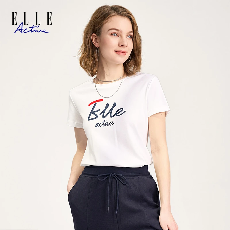 ELLE Active女士运动休闲短袖T恤品牌印花基础款简约百搭时尚上衣