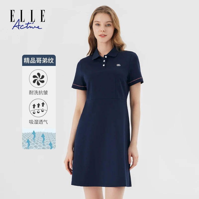 ELLE Active夏季女装连衣裙女款翻领polo裙百搭短袖休闲通勤裙子