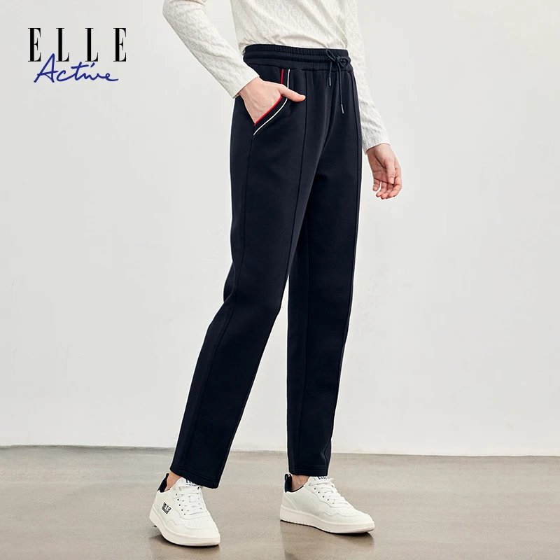 ELLE Active新款直筒裤休闲长裤显瘦女裤针织裤子撞色松紧抽绳裤