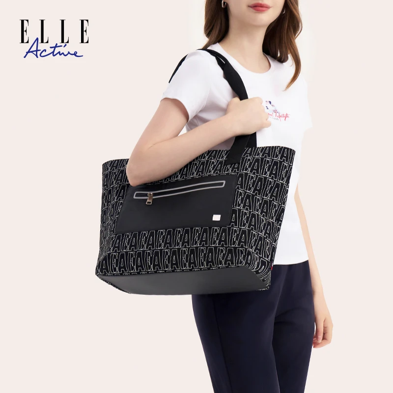 ELLE Active 新款印花单肩包女款大容量时尚黑色字母百搭休闲包包