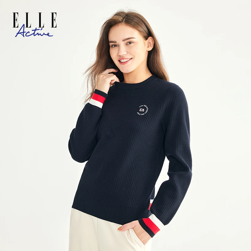 ELLE Active【时尚格子肌理】新款圆领撞色毛衣百搭通勤保暖显瘦女