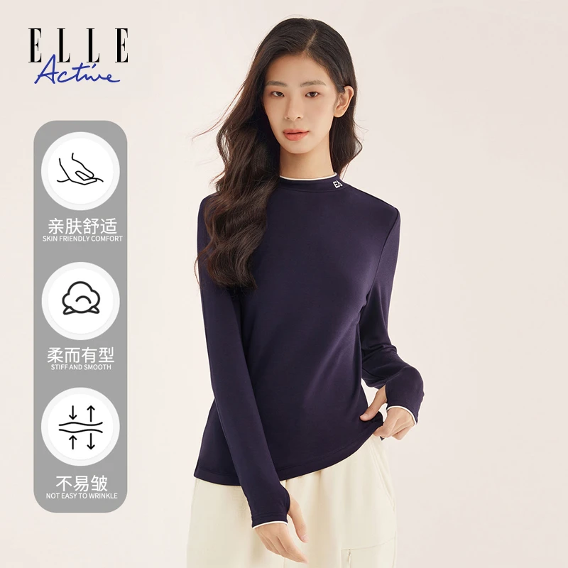 ELLE Active新款圆领高档次打底衫女装长袖T恤显瘦秋冬加绒半高领