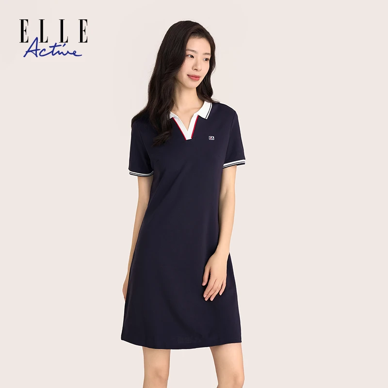 ELLE Active【法式V领】夏季连衣裙翻领女装时尚撞色休闲短袖中长裙
