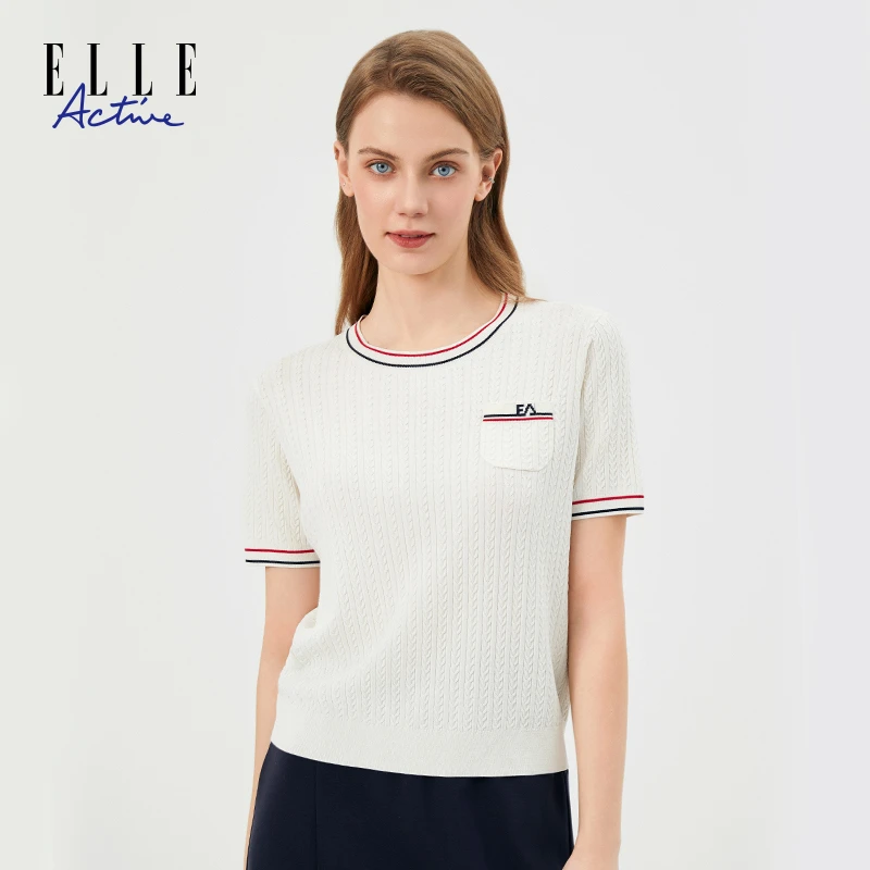 ELLE Active【修身螺纹绞花】针织衫女款肌理圆领短袖舒适撞色T恤夏