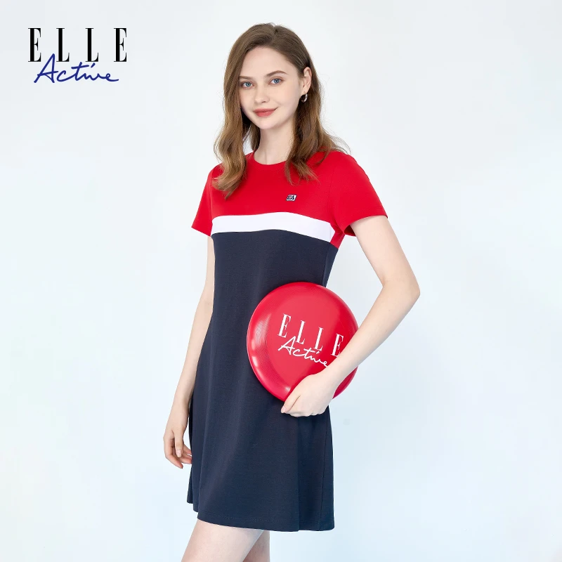 ELLE Active【休闲运动感】夏季新款显腰线设计感连衣裙女时尚撞色