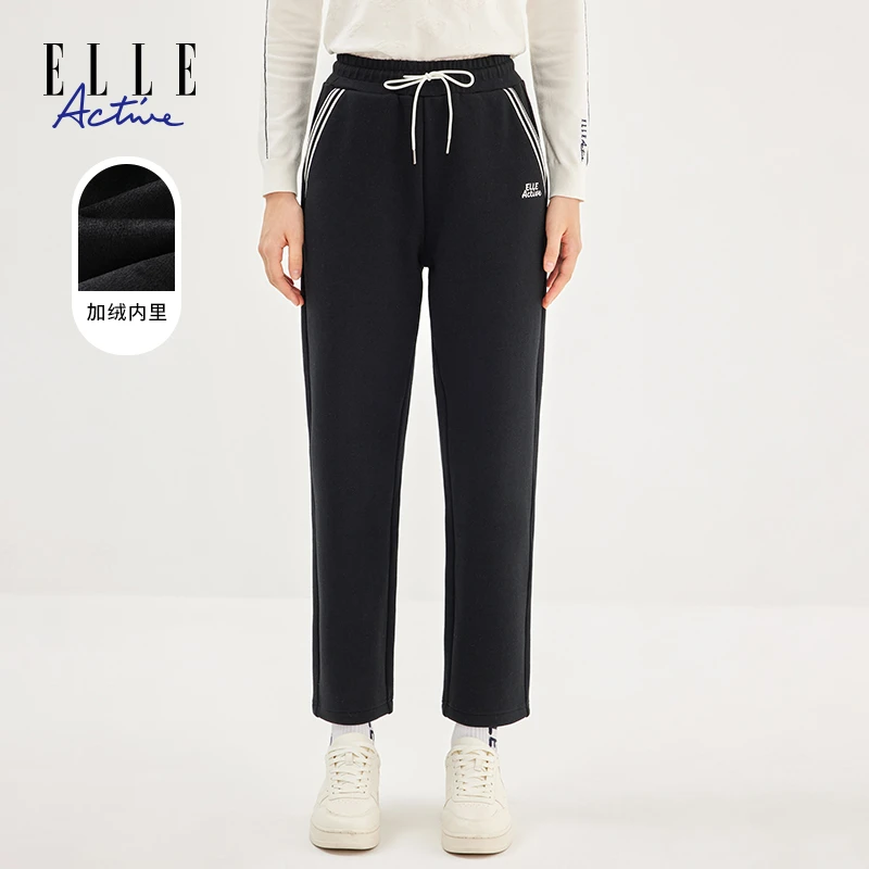 ELLE Active秋季新款女士加绒裤子休闲宽松长裤直筒裤抽绳松紧裤